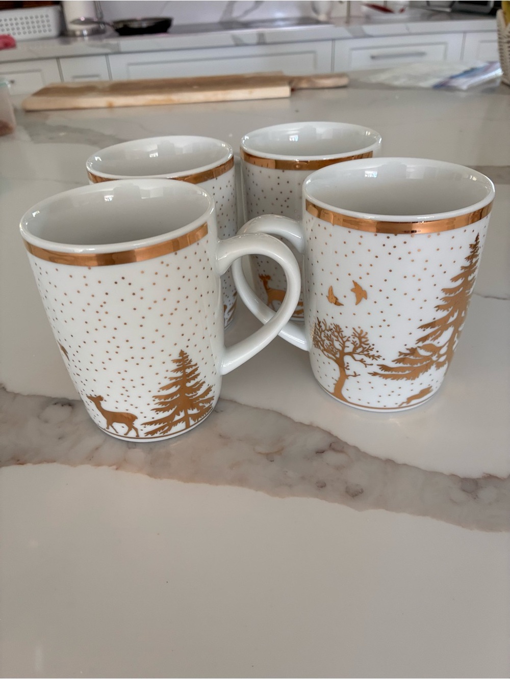 Set of 4 White & Gold Christmas Reindeer Tree Mugs Holiday Ceramic Cups